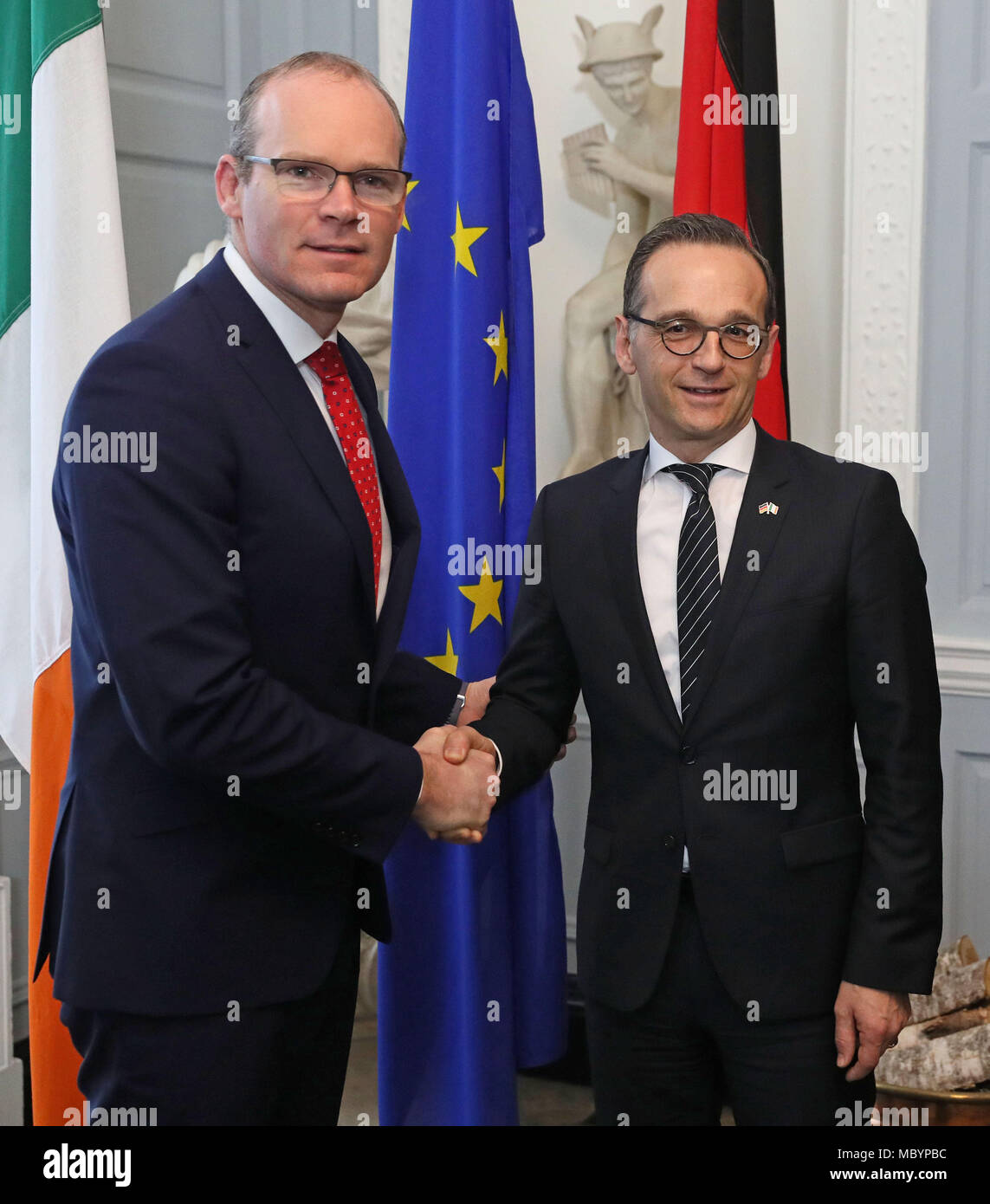 Simon Coveney, Ireland's T‡naiste (Deputy Prime Minister) and Minister for Foreign Affairs & Trade (left) with Heiko Maas, the German Federal Minister for Foreign Affairs, ahead of official talks at Iveagh House in Dublin. Stock Photo