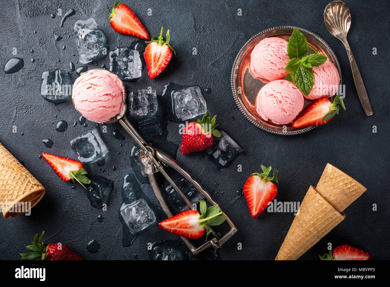 Flat lay with strawberry ice cream Stock Photo Alamy