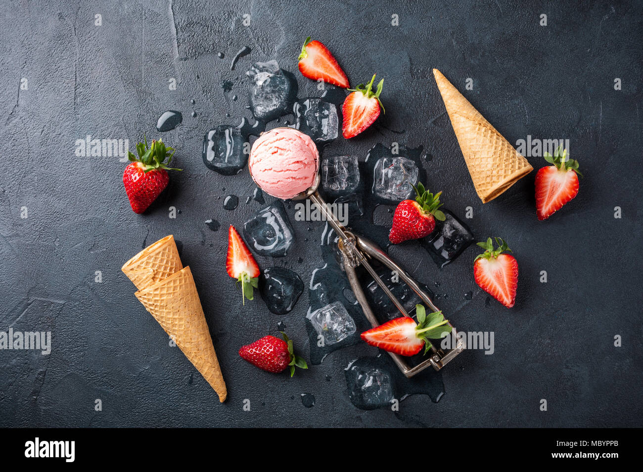 Flat lay with strawberry ice cream Stock Photo Alamy