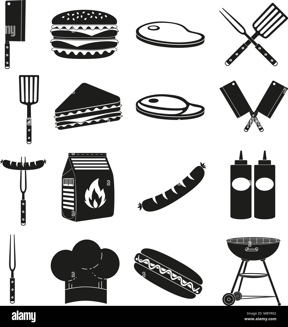 Black white bbq outdoors 16 element silhouette set Stock Vector