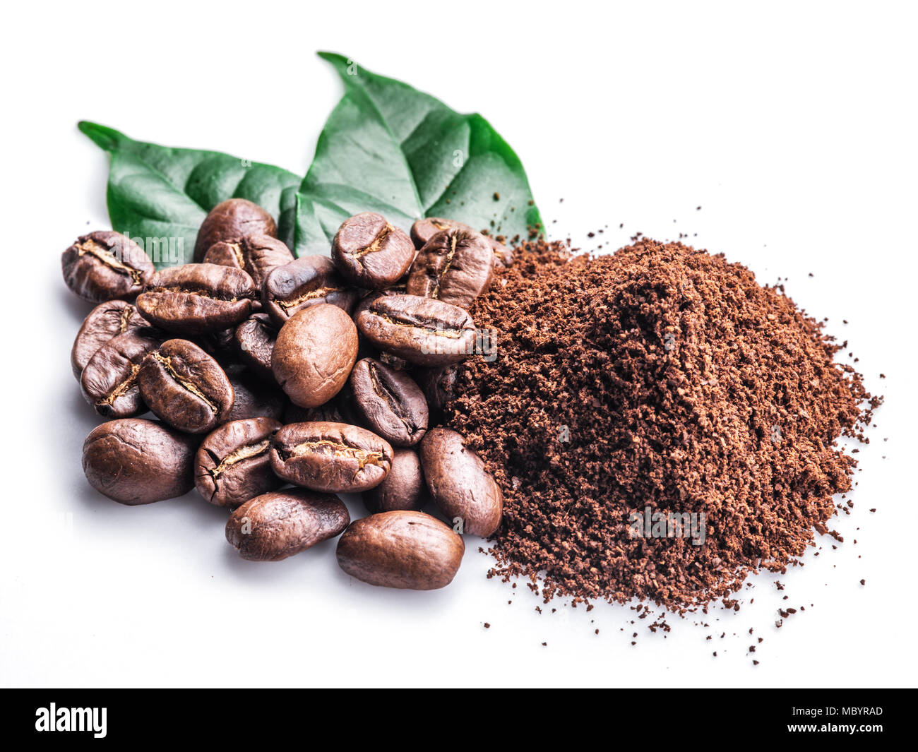Roasted coffee beans ground coffee on white background Stock Photo Alamy