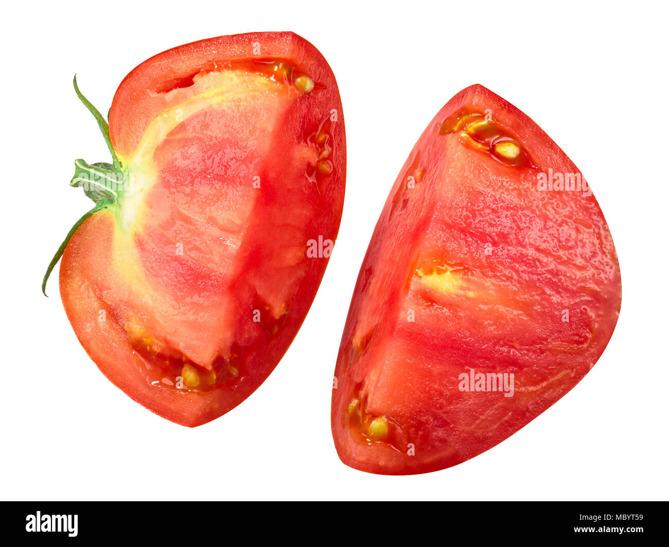 Oxheart Beef tomato half split in two chunks, top view Stock Photo