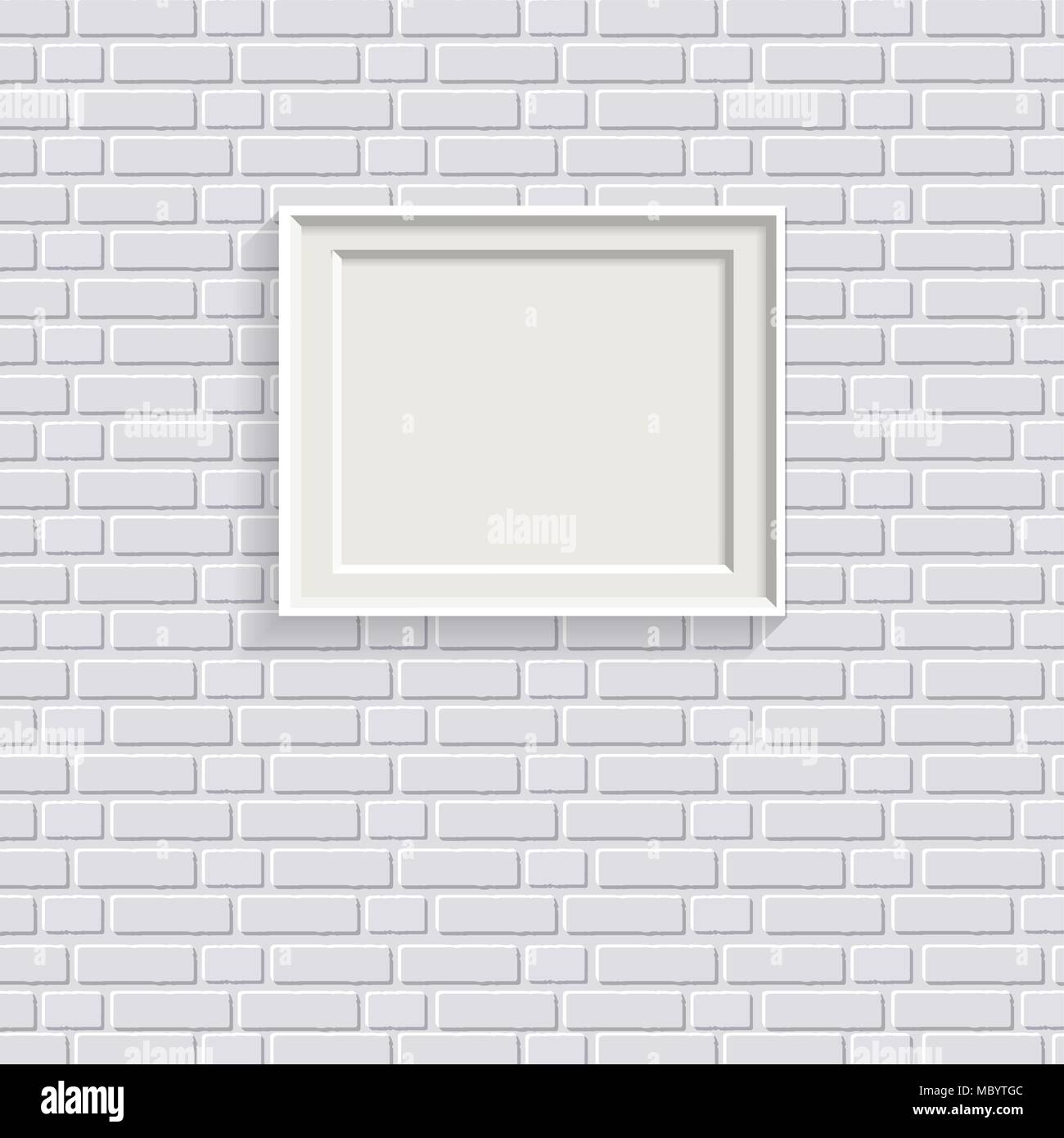 White realistic picture frame on white painted brick wall seamless pattern vector background. Modern photo frame and text to your design projects. Lay Stock Vector