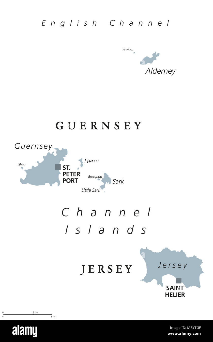 Guernsey and Jersey political map. Channel Islands. Crown dependencies. Archipelago in English Channel off the French coast of Normandy. Stock Photo
