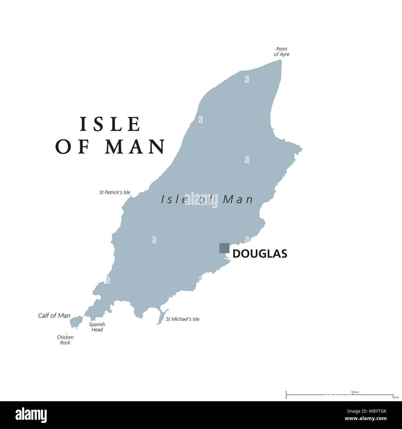 Isle of Man political map with capital Douglas. Also known as Mann, a self governing Crown dependency in the Irish Sea and a tax haven. Stock Photo