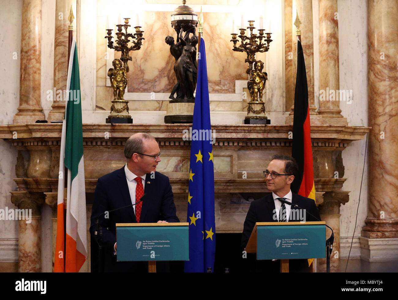 Simon Coveney, Ireland's Tanaiste (Deputy Prime Minister) and Minister for Foreign Affairs & Trade (left) and Heiko Maas, the German Federal Minister for Foreign Affairs, during a press conference following official talks at Iveagh House in Dublin. Picture date: Thursday April 12, 2018. See PA story POLITICS Brexit. Photo credit should read: Brian Lawless/PA Wire Stock Photo