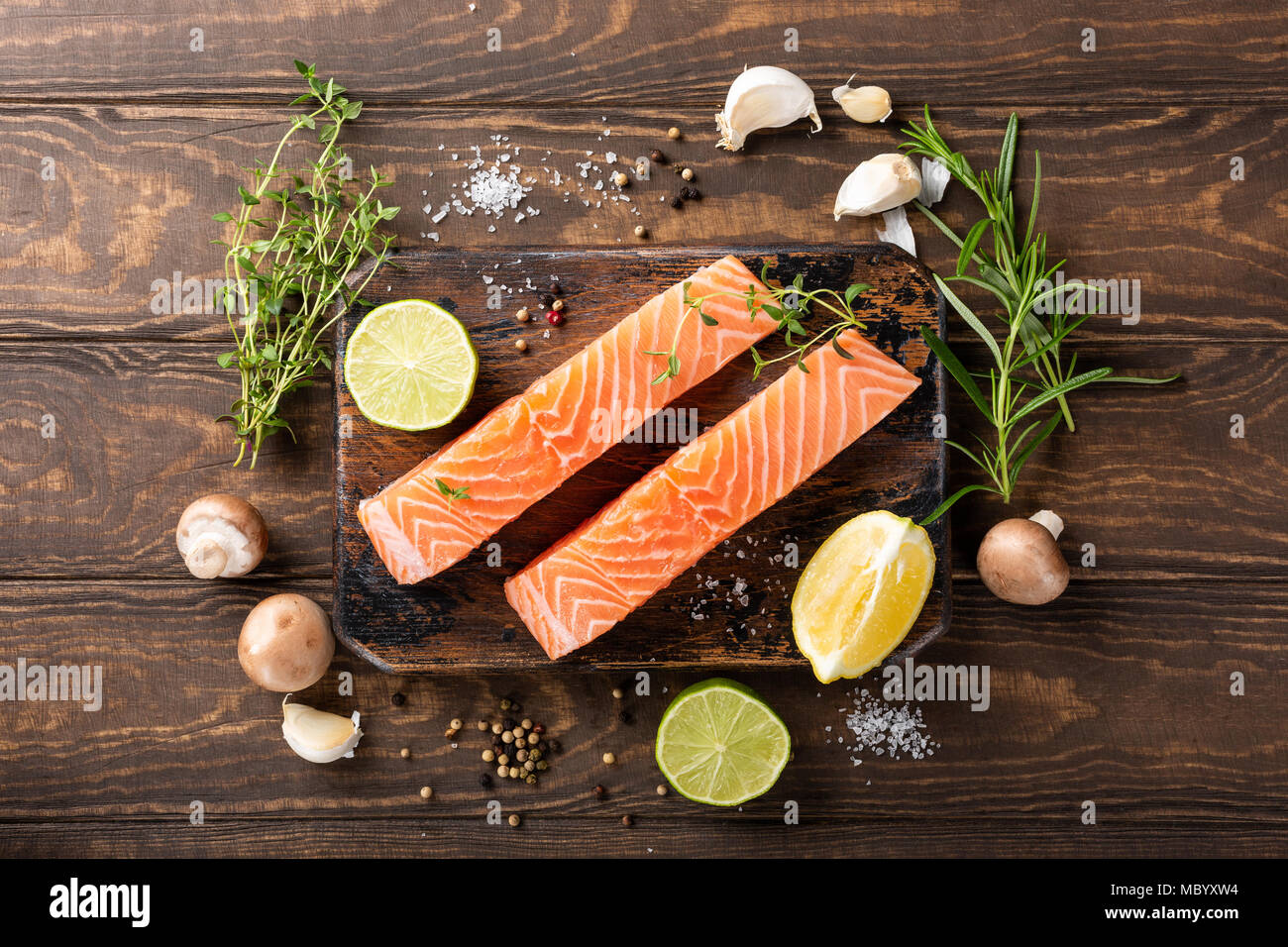 Fresh raw salmon fillet, flat lay Stock Photo - Alamy