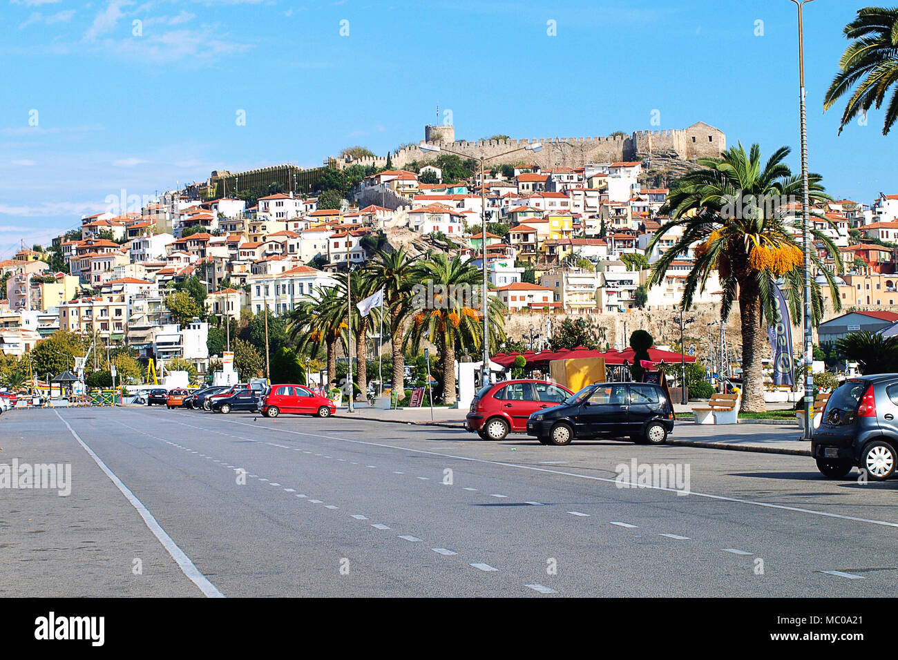 View from the seaside boulevard to the ancient fortress hill in Kavala, Greece. Stock Photo