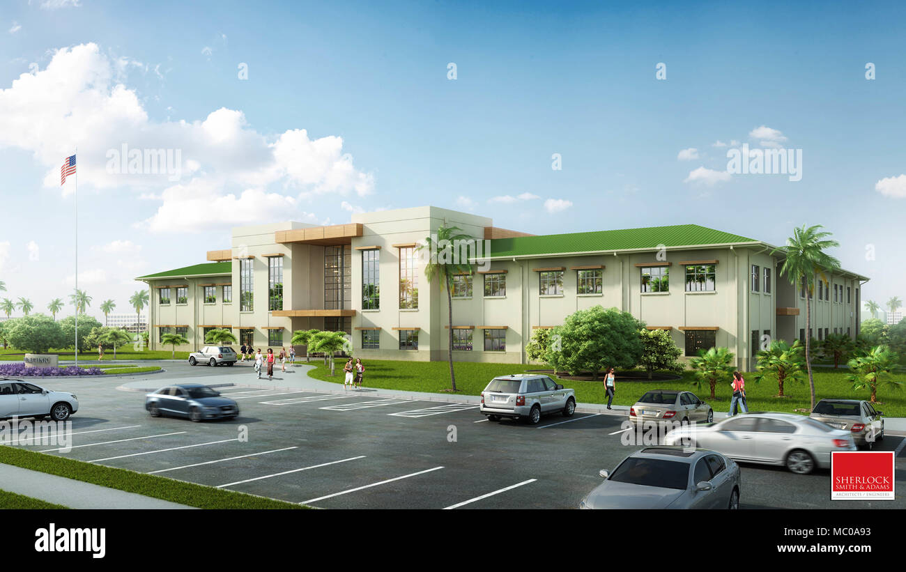 A concept illustration of how the Naval Branch Health Clinic is expected to look after construction has completed that will be located on Marine Corps Base Hawaii, Jan. 11, 2017. The new facility will open in April 2019, which will benefit U.S. service members and their families with timely medical care from other clinics from the base under one roof. The 96,000 square feet structure will promote mission readiness by having two stories encompassing services such as a pharmacy, physical therapy and primary health care. (Courtesy photo provided by Navy Medicine West) Stock Photo
