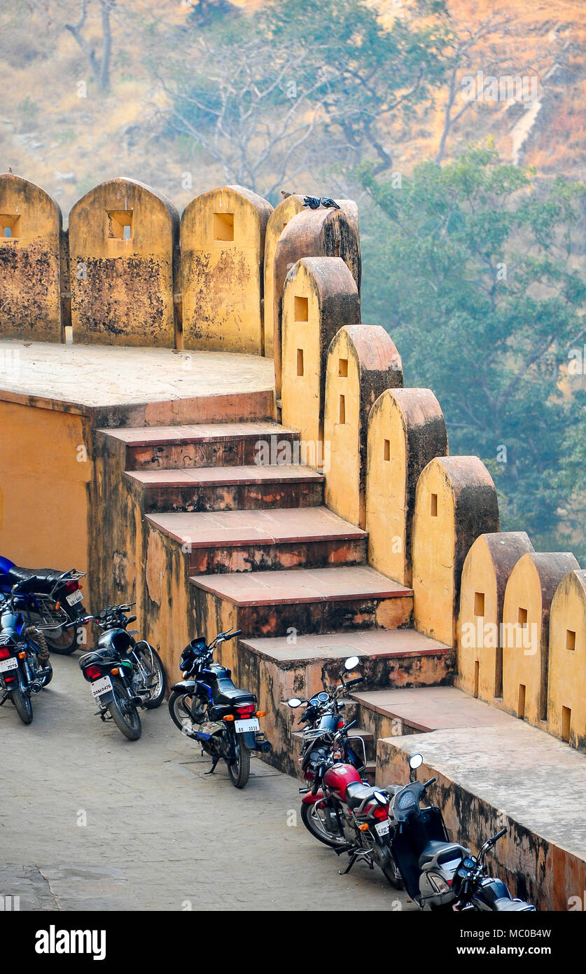 Parked motor cycles along the outer walls of Jaigarh Fort, Rajasthan