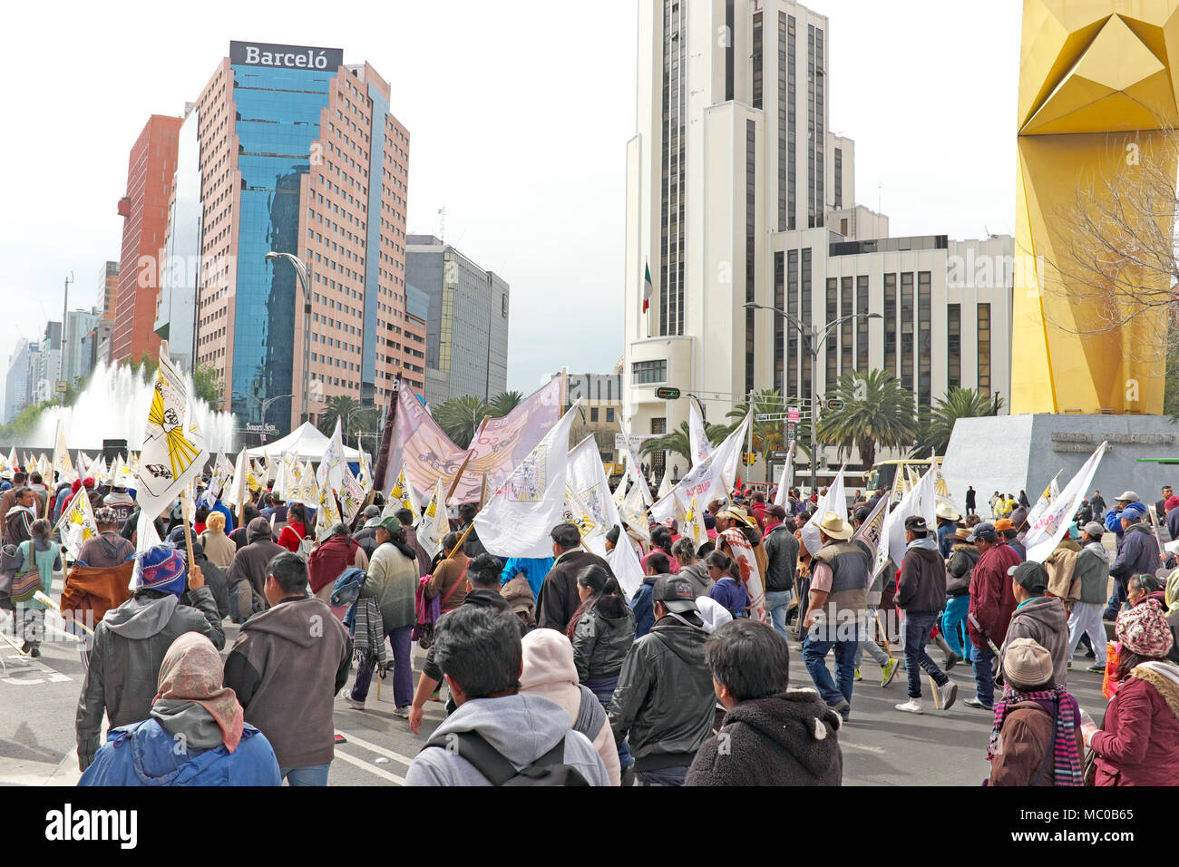 Organizations protesting agricultural policies make their way along Paseo de la Reforma in Mexico City, Mexico, on January 30, 2018. Stock Photo
