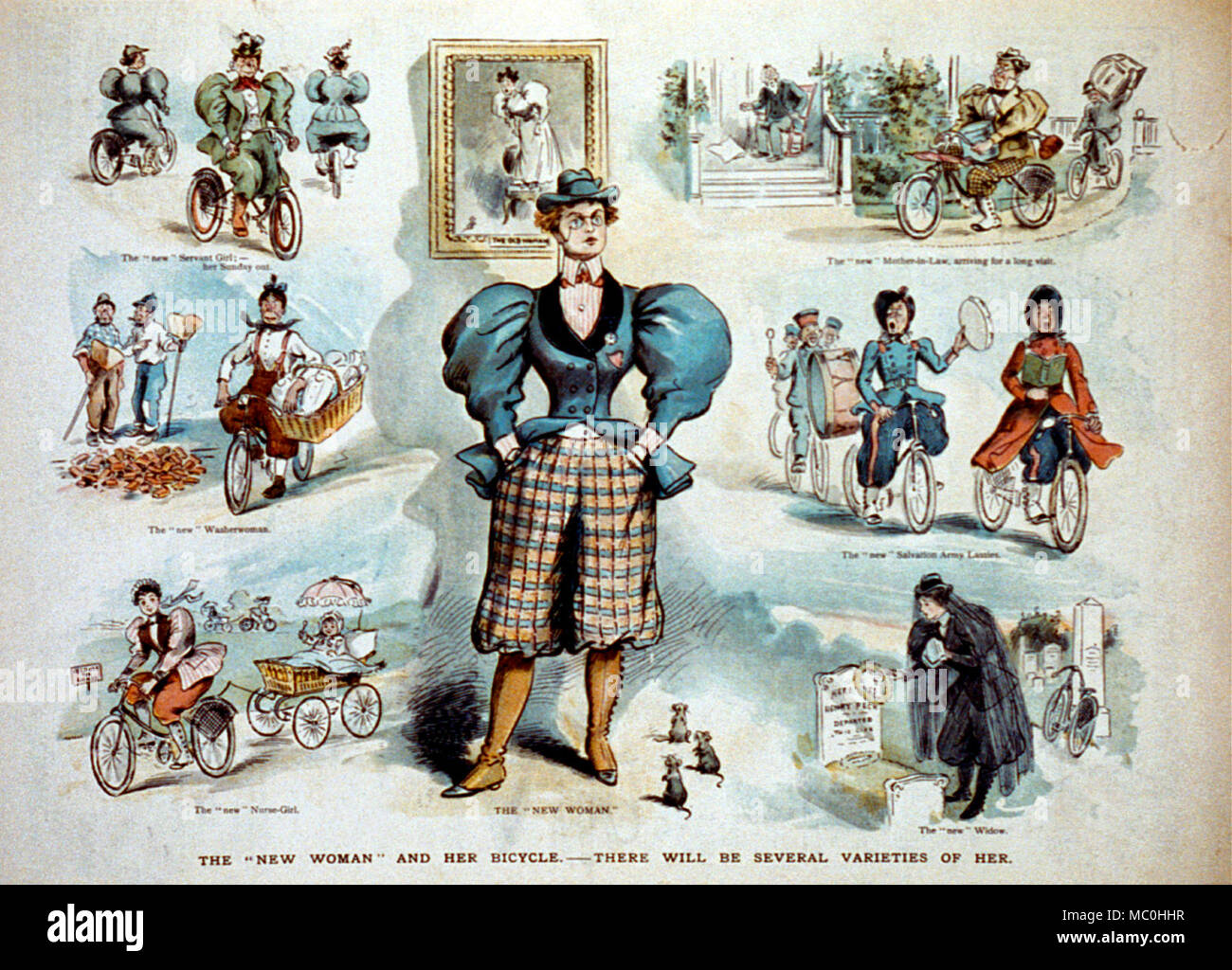 The 'new woman' and her bicycle - there will be several varieties of her. Print shows a vignette cartoon with 'The 'new woman'' standing at center, wearing pantaloons with her hands in her pockets and looking defiant, with three mice at her feet, and a painting in the background that shows 'The Old Woman' standing on a chair at the sight of a mouse. The surrounding vignettes show women riding bicycles as 'Salvation Army Lassies', a 'Mother-in-Law, arriving for a long visit' with a man on a bicycle carrying her luggage, a 'Servant Girl - Her Sunday Out', a 'Washerwoman' with a basket of clothin Stock Photo