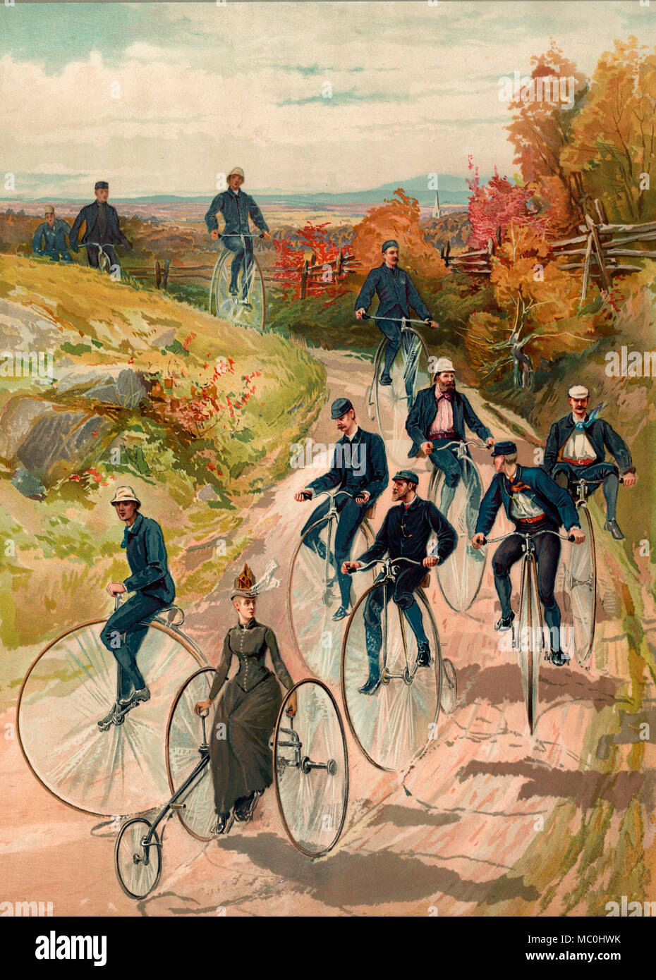 Bicycling - Woman, on three wheel bicycle, followed by men on high-wheelers. 1887 Stock Photo