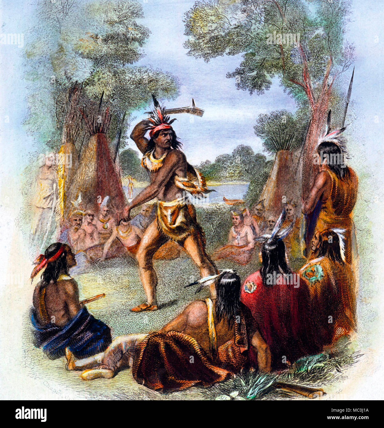 Chief Pontiac in 1763 taking up the war hatchet in the French and Indian War. Stock Photo