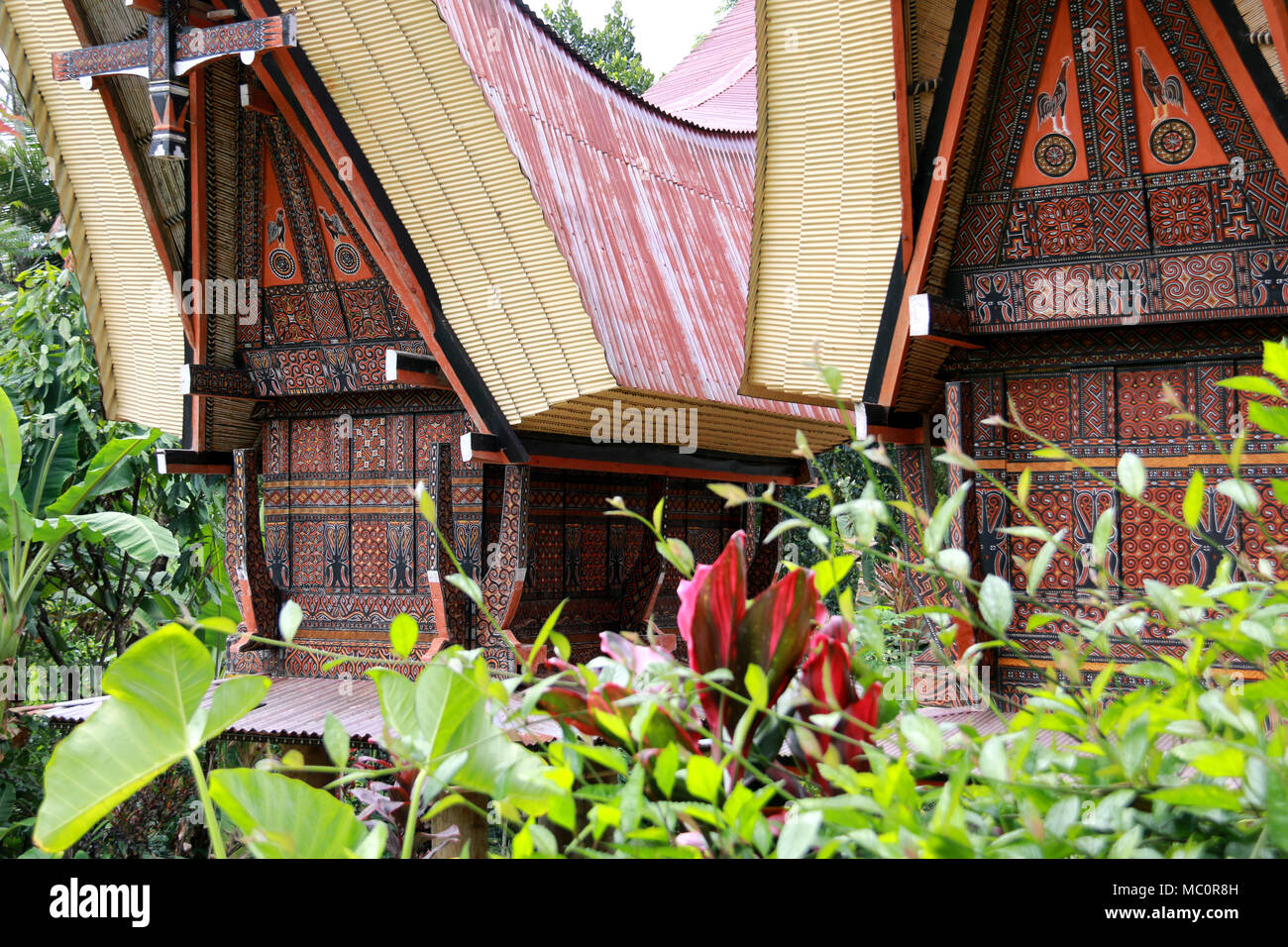 Tongkonans, traditional Toraja houses with massive peaked-roofs, in a Village near Ke’te’ Ke’su, Toraja, Sulawesi, Indonesia Stock Photo