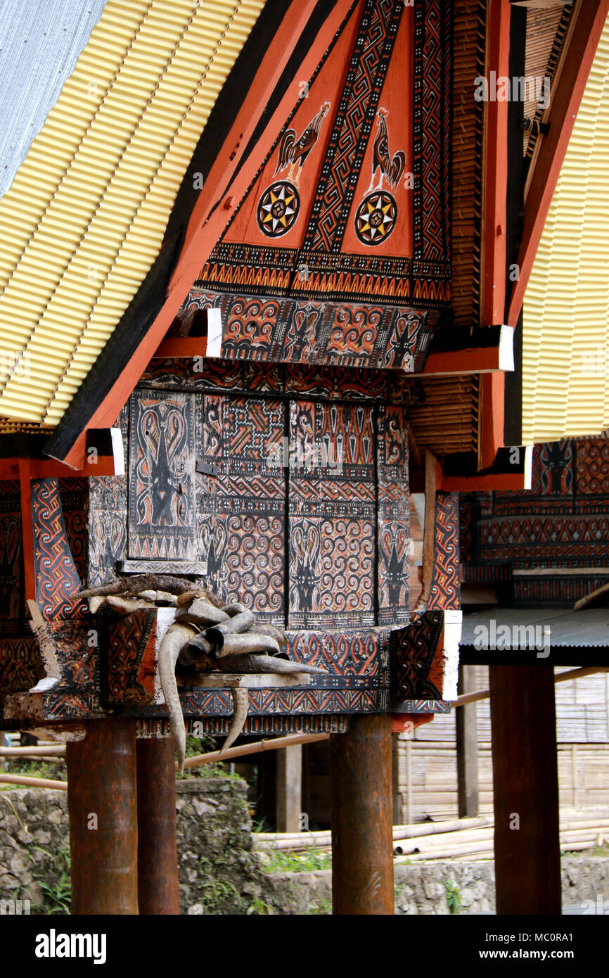 A Tongkonan, a traditional Toraja house with a massive peaked-roof, in a Village near Ke’te’ Ke’su, Toraja, Sulawesi, Indonesia Stock Photo