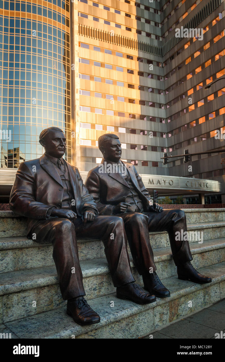 Rochester, Minnesota, USA - October 21, 2012: Life sized bronze sculptures of the famous Mayo brothers who founded the Mayo Clinic, Dr. William and Dr Stock Photo