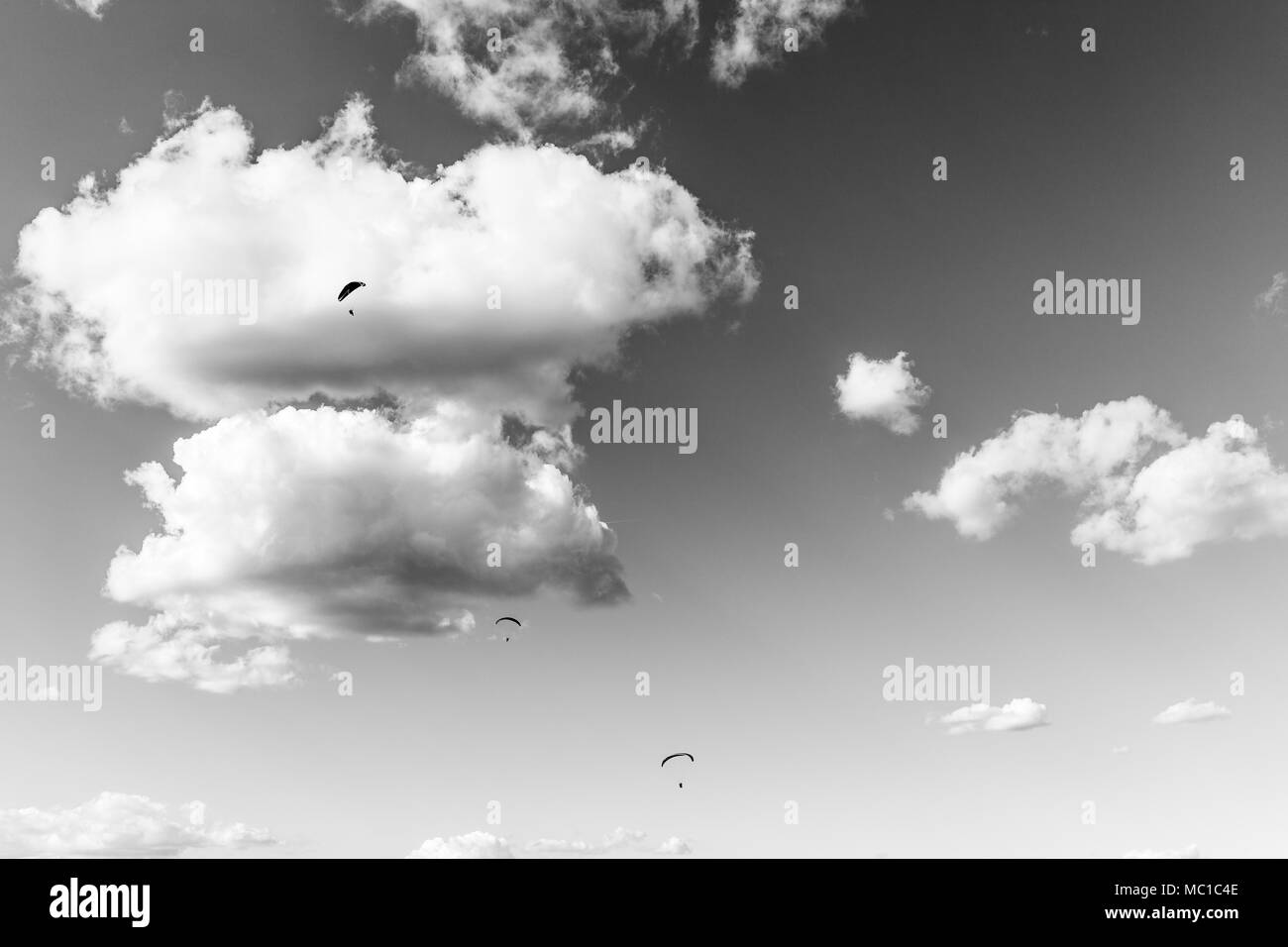 Paragliders flying against a beautiful. deep sky, with big white clouds Stock Photo