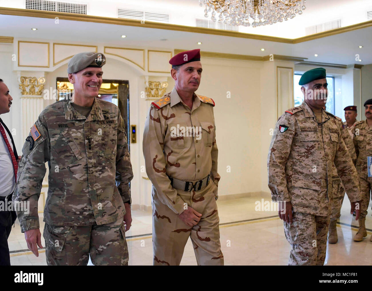 U.S. Army Gen Joseph L. Votel, commander, U.S. Central Command, meets with Gen Othman al-Ghanimi, Chief of Staff, Iraqi Army, and Lt Gen Mohammed Khaled Al-Khadher, Chief of Staff, Kuwait armed forces, January 23, 2018. Votel met with key military leaders at the US, Iraq, and Kuwait Chief of Staff tri-lateral discussions during his recent USCENTCOM area of responsibility trip. (U.S. Air Force photo by Tech Sgt. Dana Flamer) Stock Photo