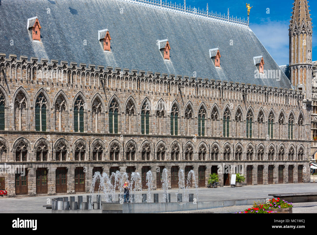The Cloth Hall of Ypres, Gothic architecture rebuilt after destruction in World War One Stock Photo