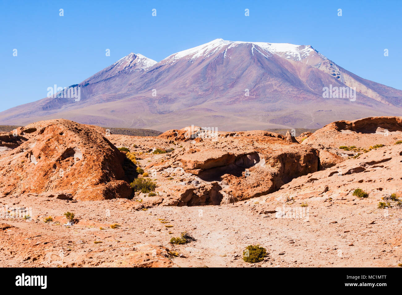 Ollague volcano is a massive stratovolcano on the border between Bolivia and Chile. Stock Photo