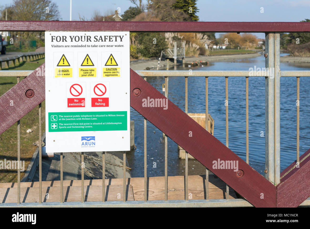 For your safety warning sign by a lake in the UK. Stock Photo