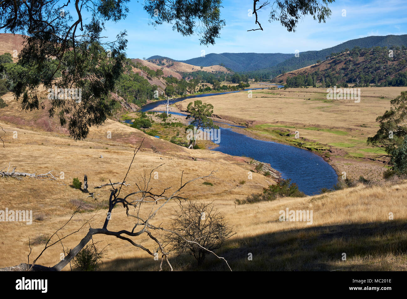 Macalister River winds its way downstream near Licola, in Victoria’s High Country. Stock Photo