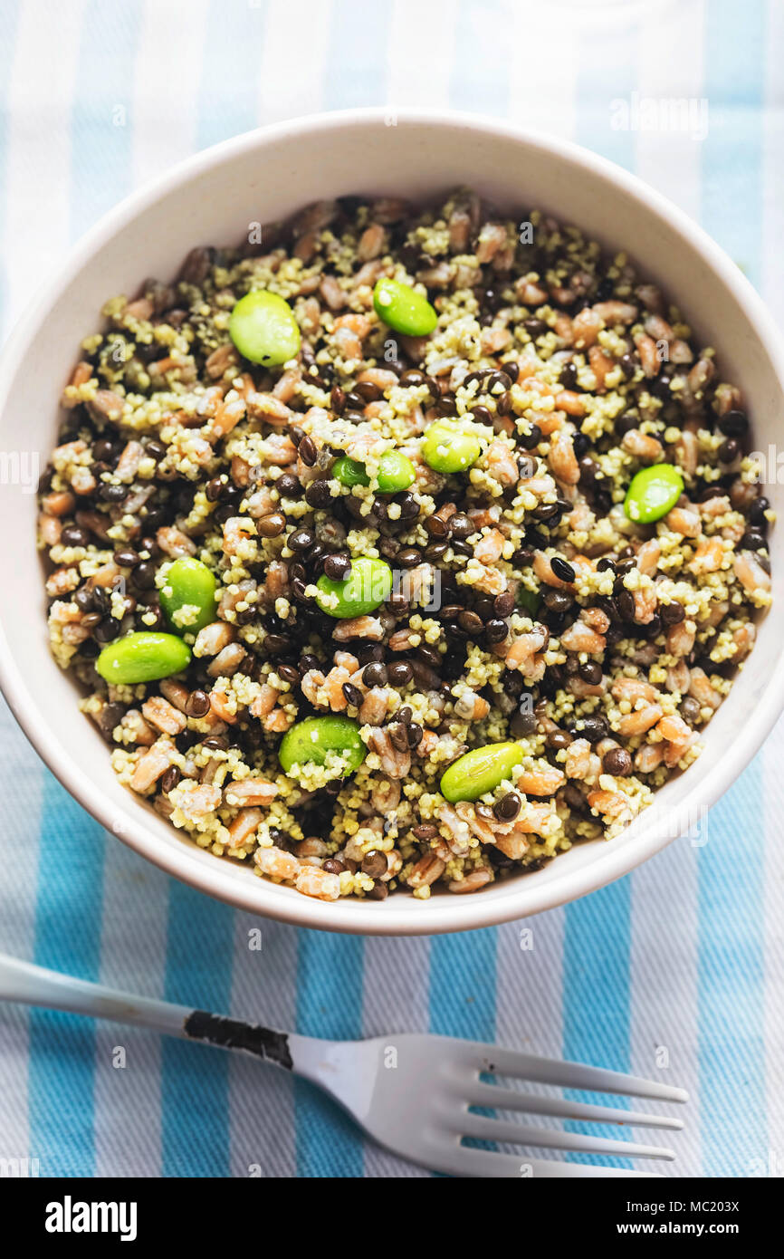 Super wholegrain bowl. Spelt, black lentils, couscous, edamame soybeans