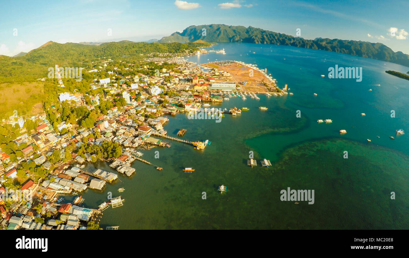 Aerial view Coron city with slums and poor district. Palawan. Bu Stock Photo