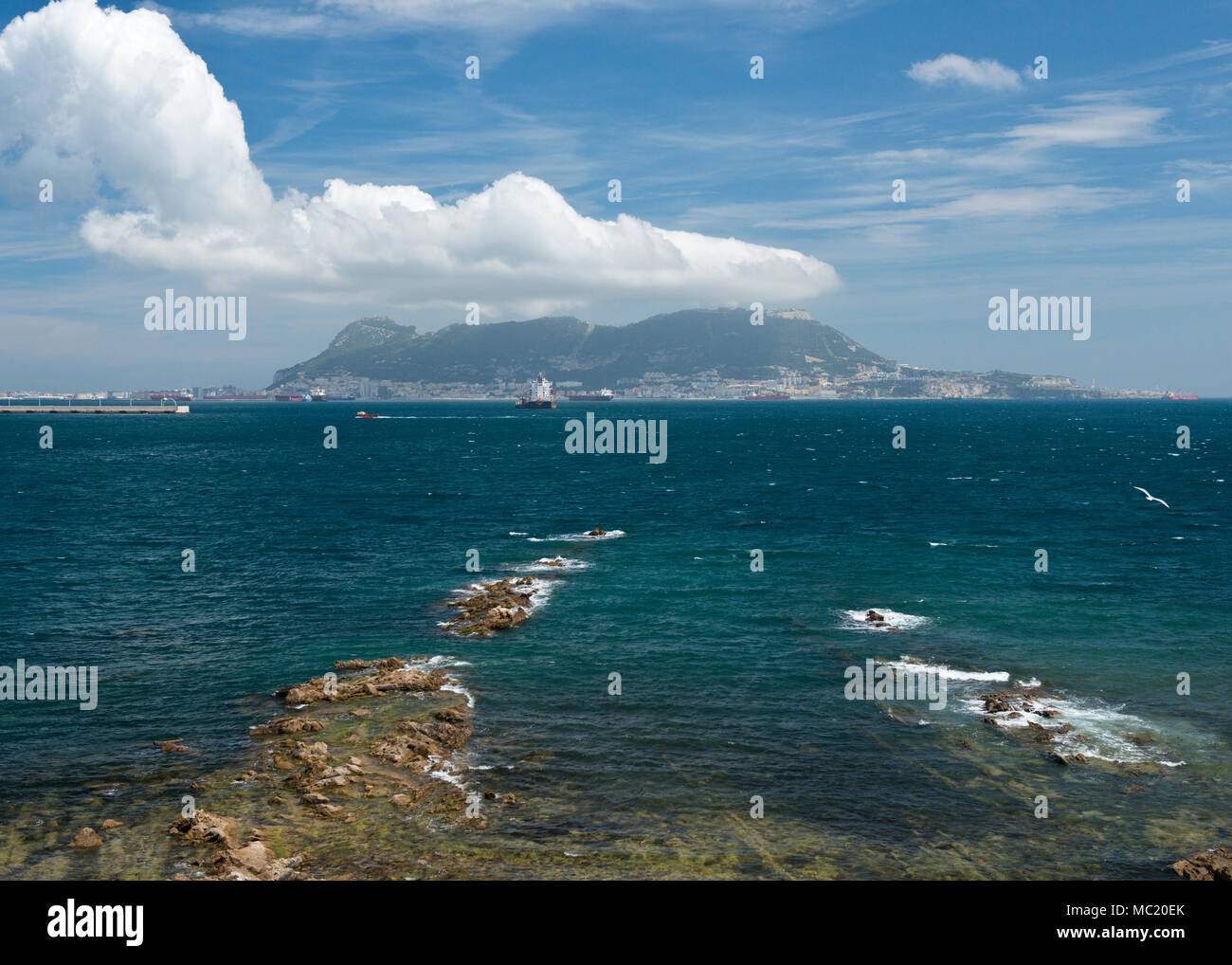 View across Bay of Gibraltar to Gibraltar. From Parque del Centenario on southern edge of city of Algeciras, Andalusia, Spain Stock Photo