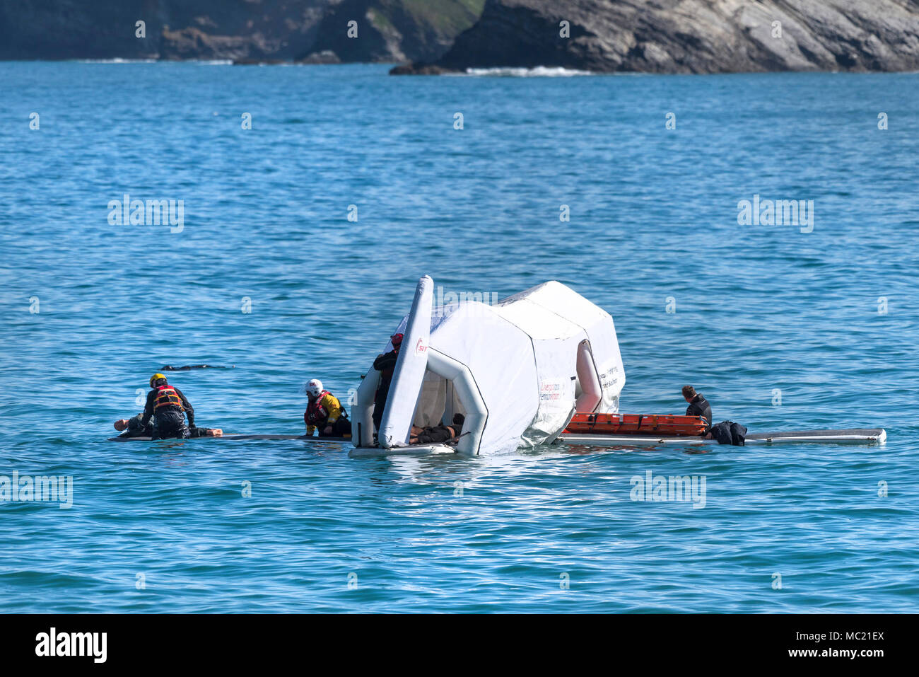 Volunteers and health professionals participating in a GMICE (Good Medicine in Challenging Environments) major incident exercise in Newquay Cornwall. Stock Photo