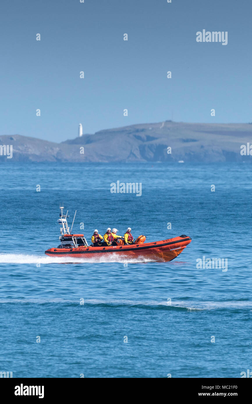 The Newquay volunteer RNLI crew in their B Class Atlantic 85 inshore rescue craft participating in a GMICE (Good Medicine in Challenging Environments) Stock Photo