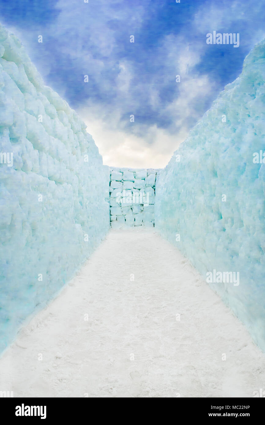 Snow corridor labyrinth with no way out. Stock Photo
