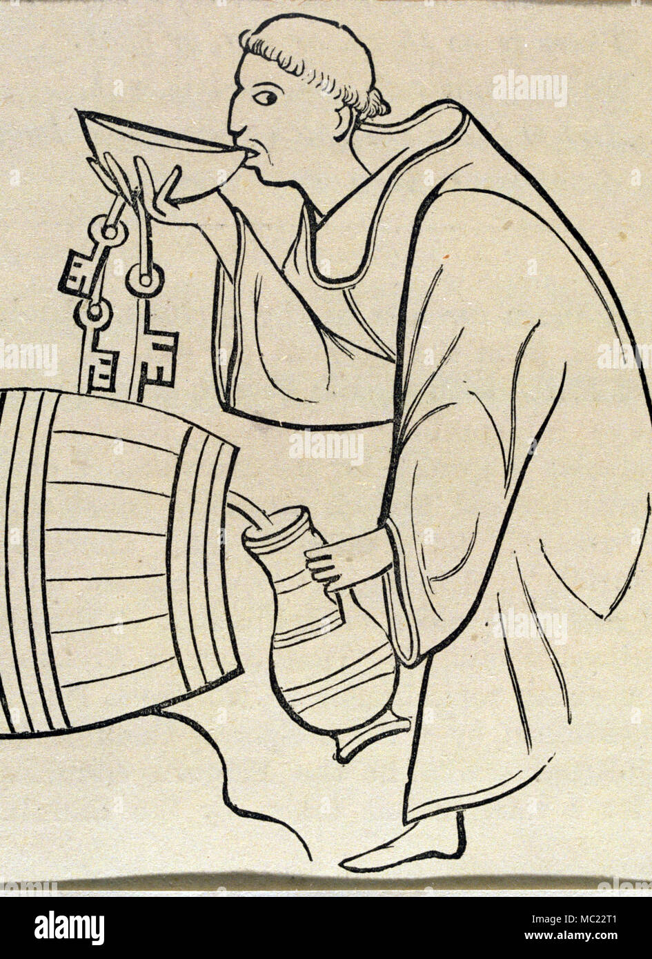 A monk drinking. 14th century engraving. Stock Photo