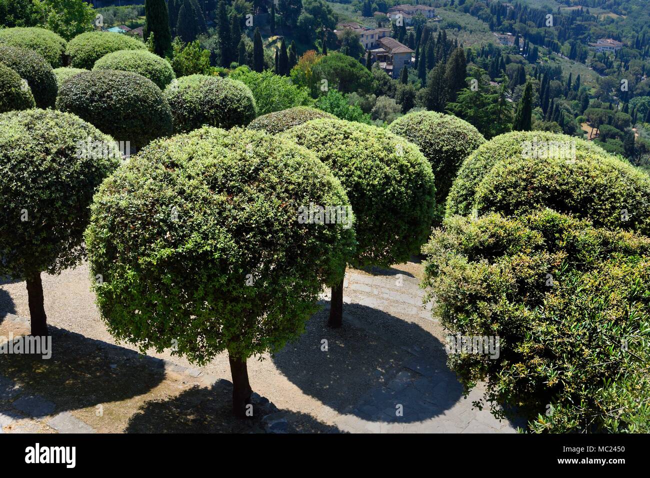 Fiesole is a town on a scenic height above Florence, 8 kilometres (5 mi) northeast of that city. The Decameron by Giovanni Boccaccio is set in the slopes of Fiesole.Tuscany, Italy - Italian. Stock Photo