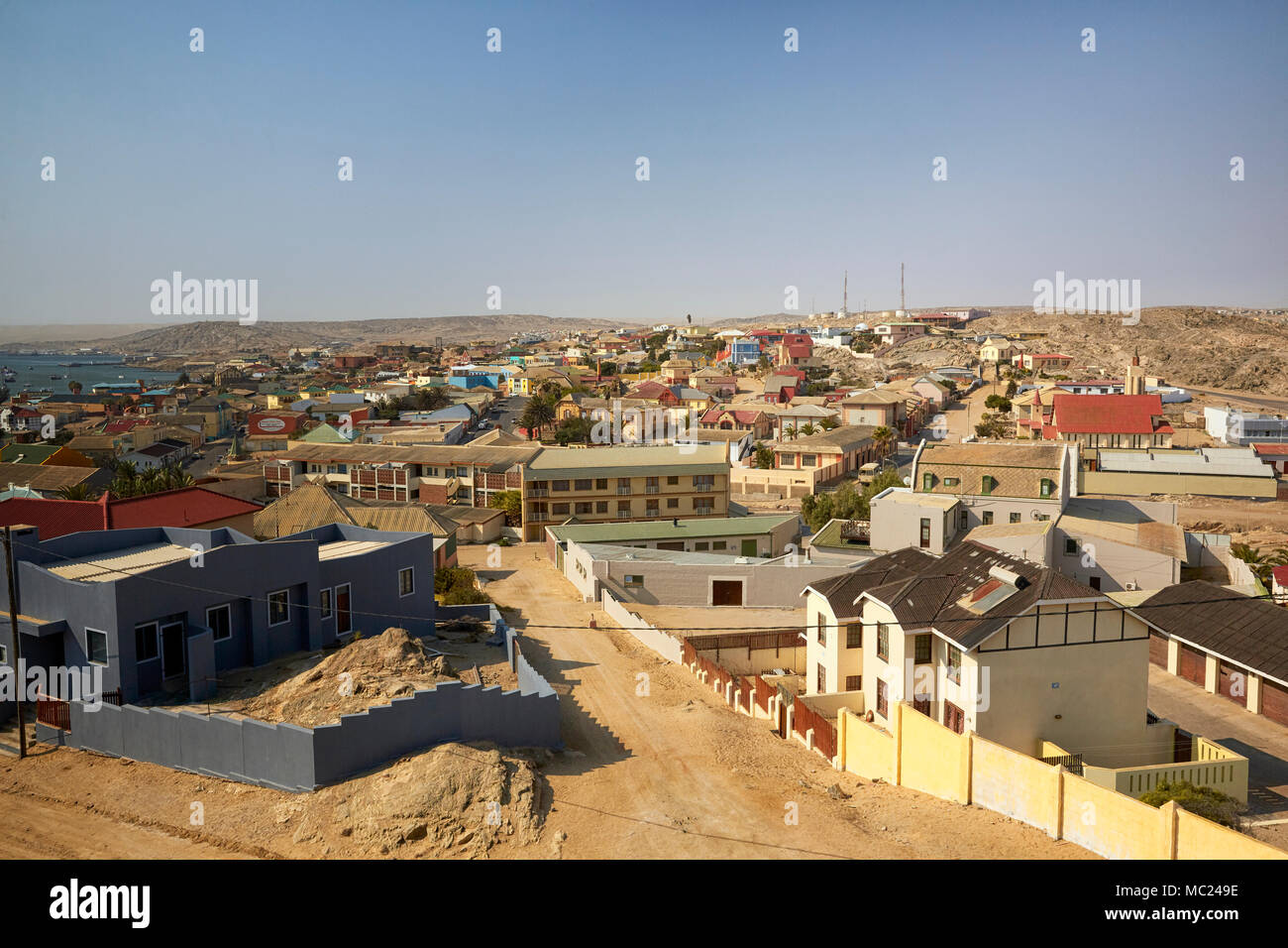 Diamantberg Street and Zepplin Street visible from high point as well as view on Luderitz in Namibia, Africa Stock Photo