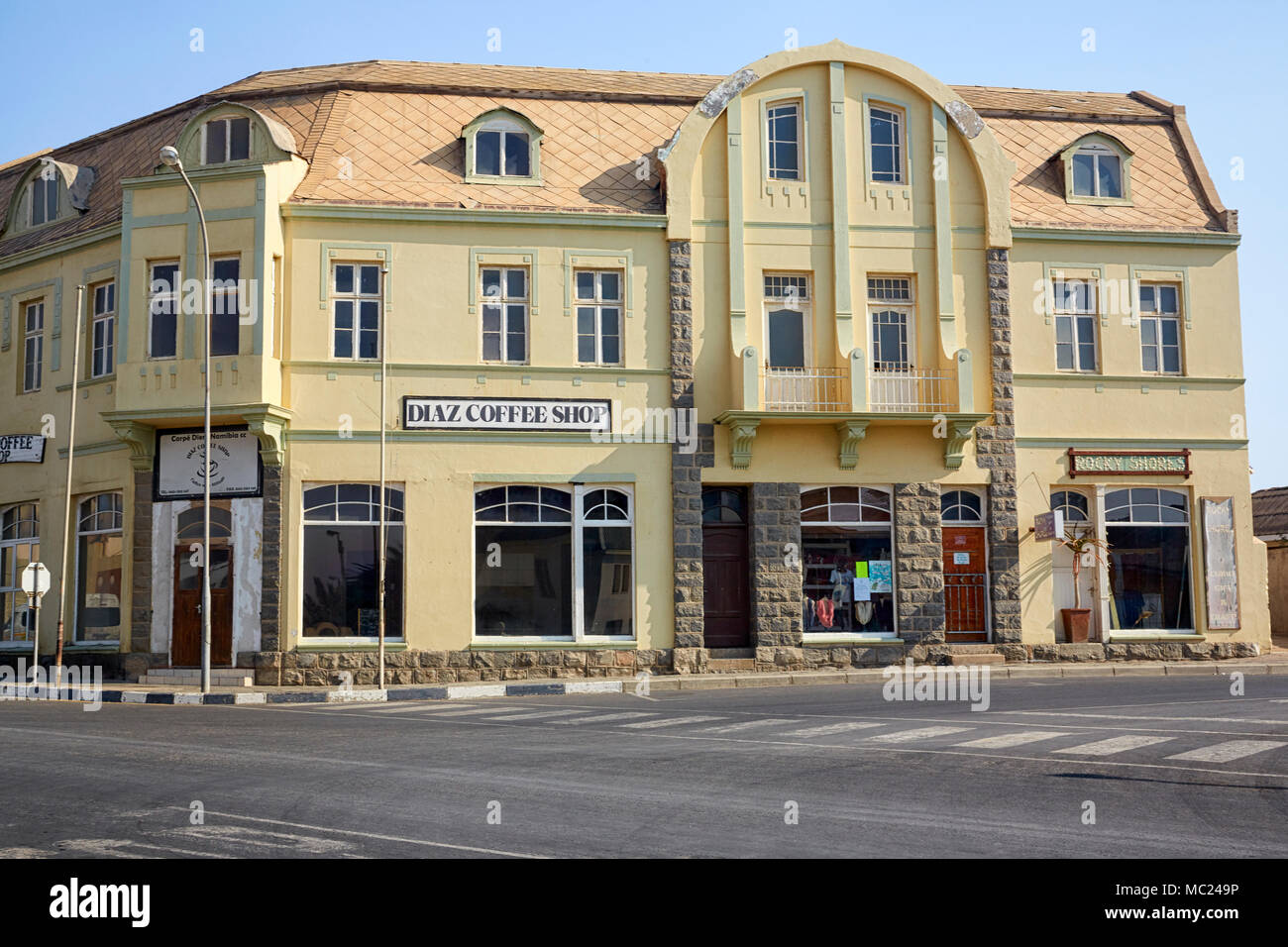 Diaz Coffee Shop located on a corner of Bismarck and Nachtigall Streets in Luderitz, Namibia, Africa Stock Photo