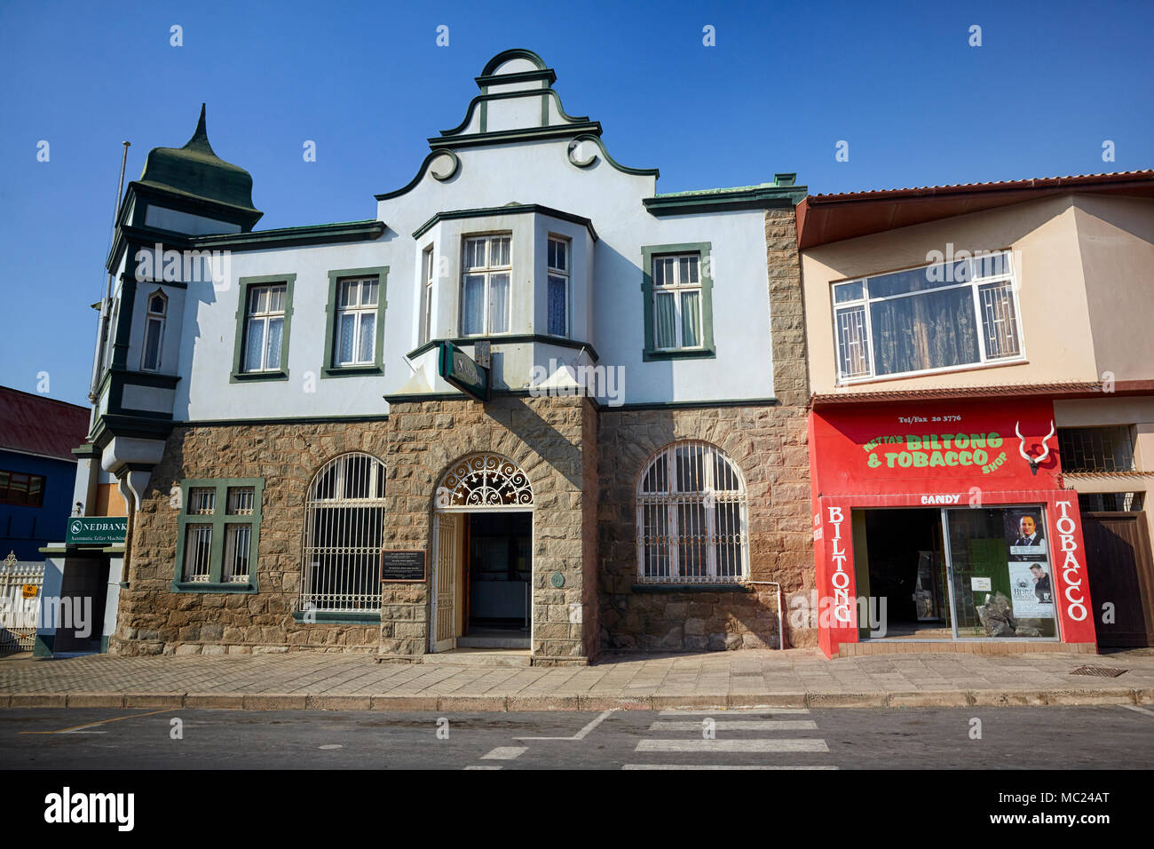 Biltong and Tobacco store on Bismarck Street in Luderitz, Namibia, Africa Stock Photo