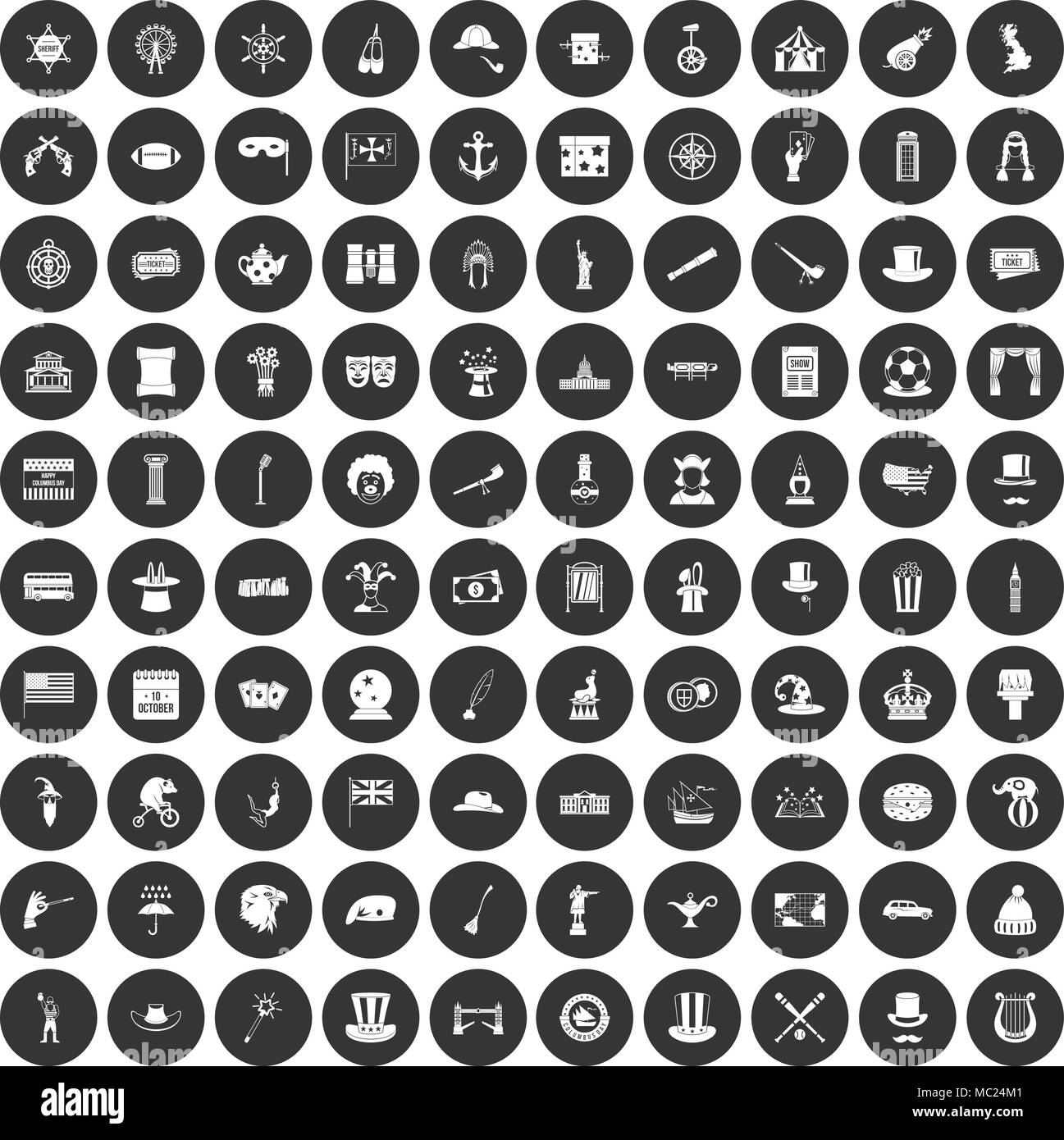 100 top hat icons set black circle Stock Vector