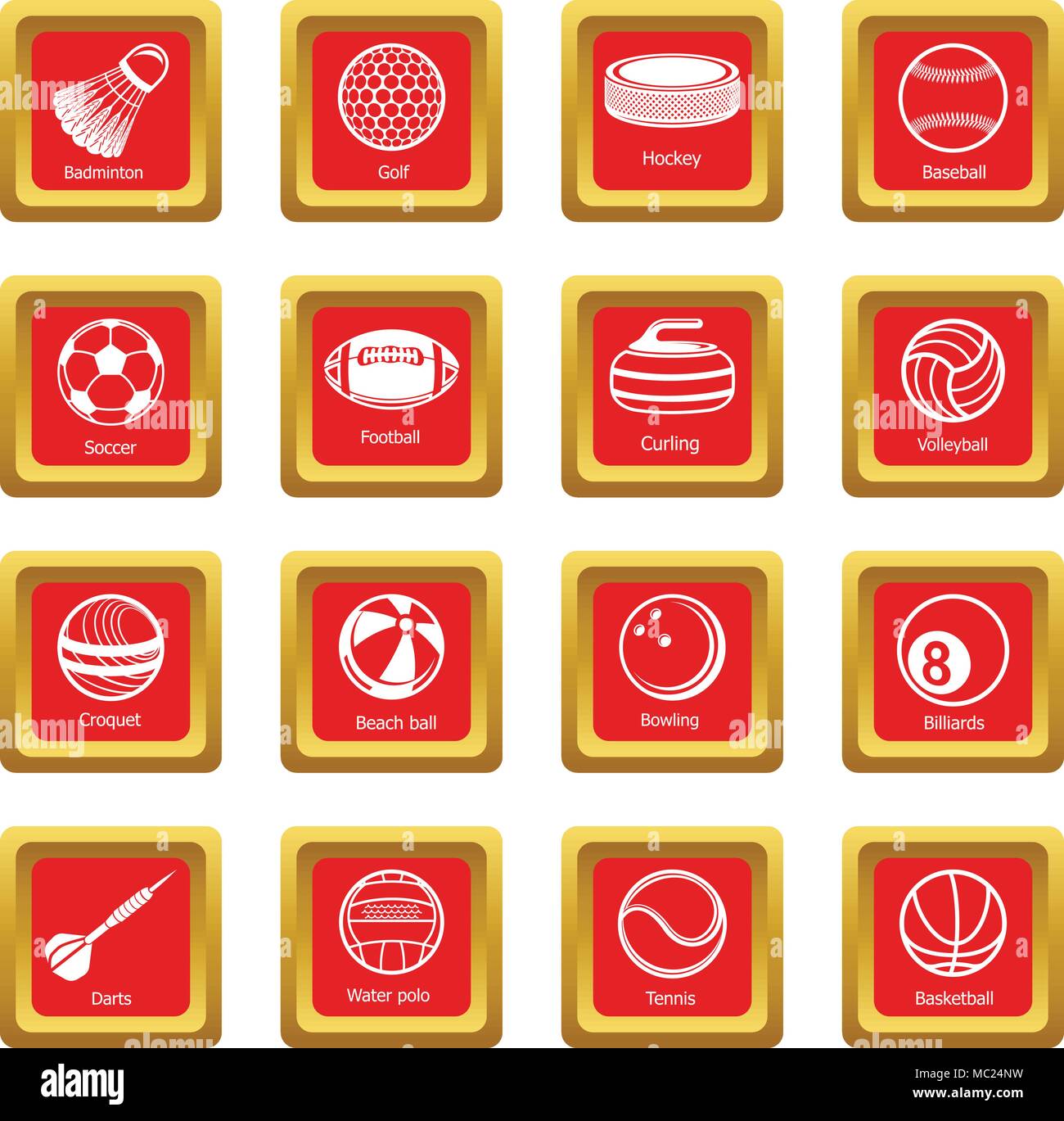 Sport balls equipment icons set red square vector Stock Vector Image ...