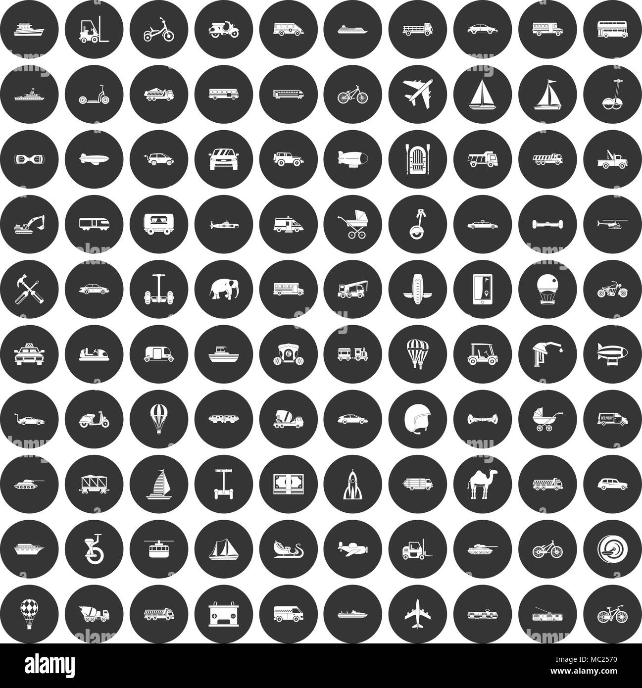 100 transport icons set black circle Stock Vector