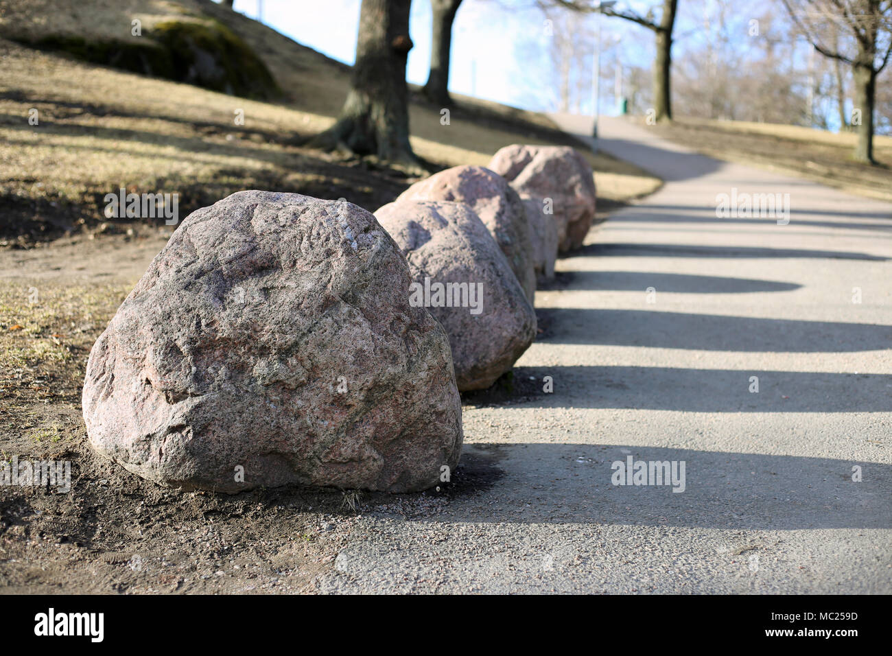 A walkway during spring after the snow has melted. Pale yet beautiful nature including some trees, grass and rocks. Beautiful sun light. Stock Photo
