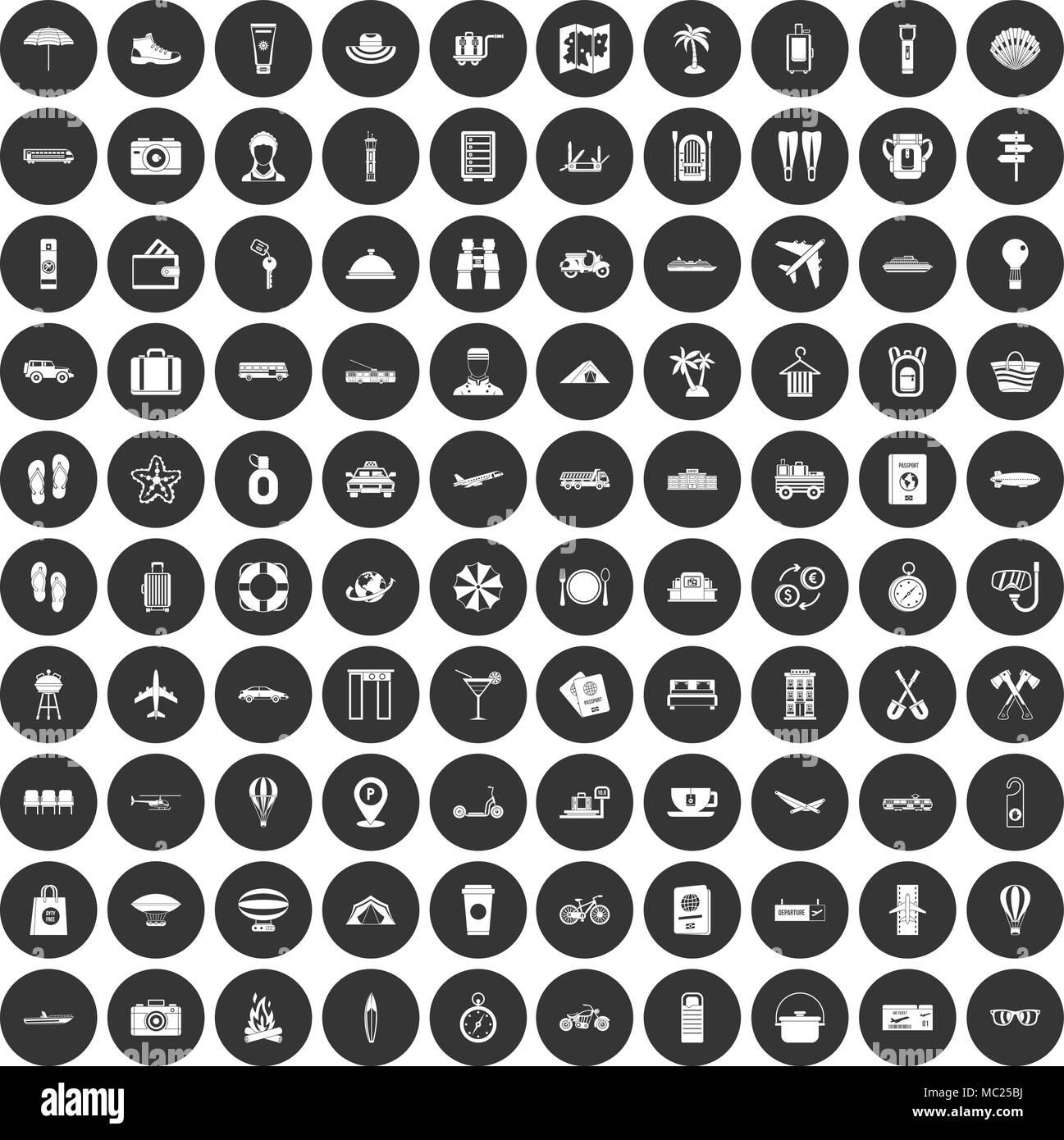 100 travel time icons set black circle Stock Vector
