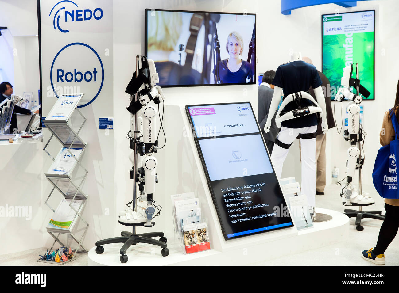 Cyberdyne Robot Suit HAL for providing medical treatments for functional improvement of patients with cerebral, nervous and muscle disorders on exhibition Cebit 2017 in Hannover Messe, Germany Stock Photo