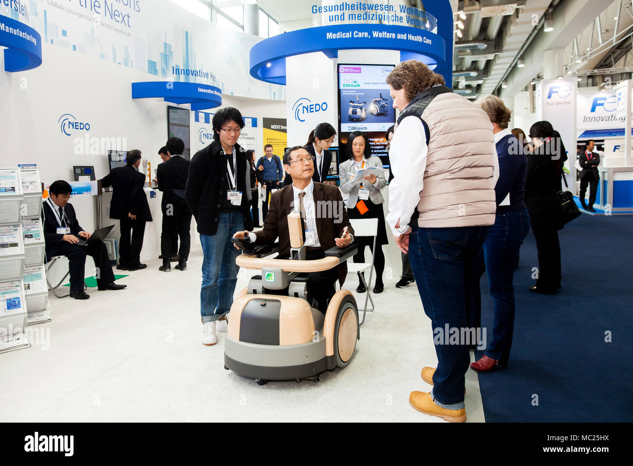 Cyberdyne Robot Suit HAL for providing medical treatments for functional improvement of patients with cerebral, nervous and muscle disorders on exhibition Cebit 2017 in Hannover Messe, Germany Stock Photo
