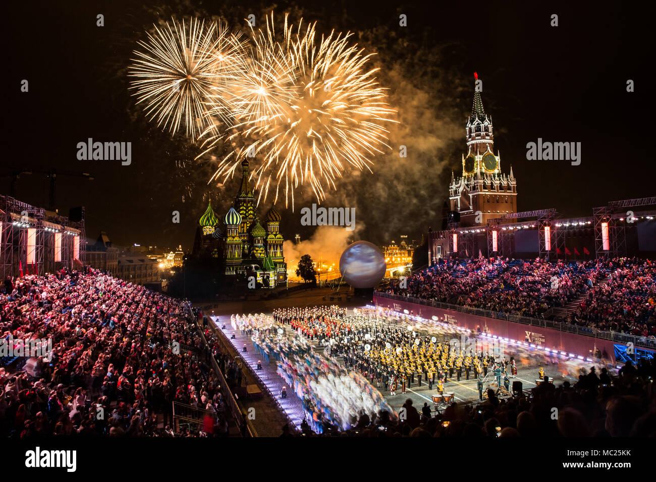 Firework pyrotechnic show on International Military Tattoo Music Festival “Spasskaya Tower” in