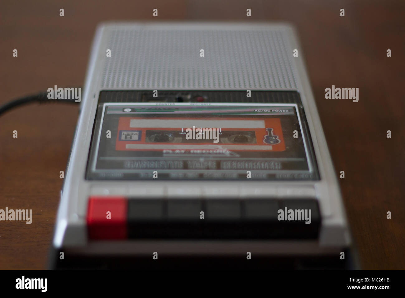 Vintage cassette tape player with audio cassette tape inside Stock