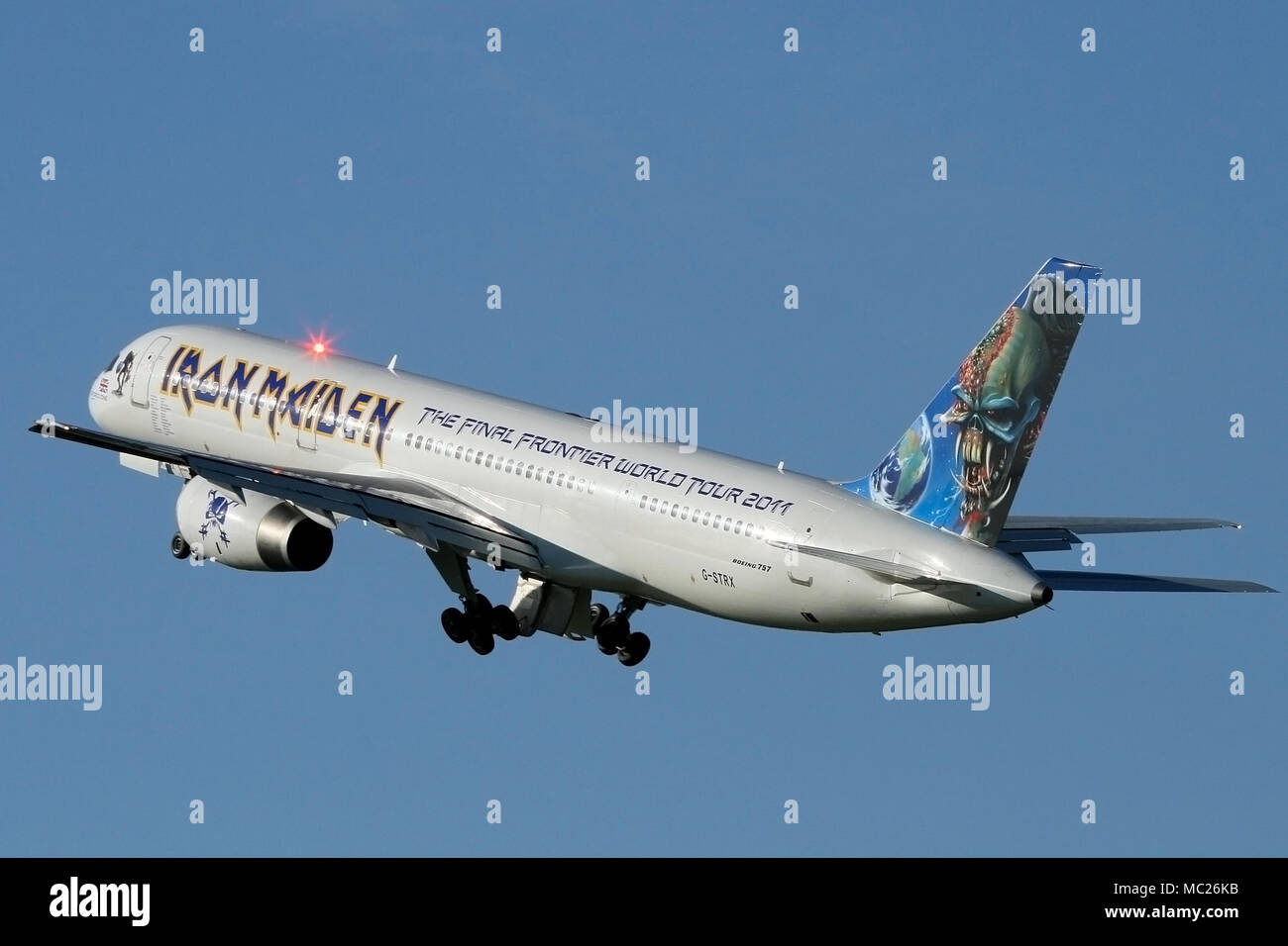 Ed Force One, Boeing 757 of Iron Maiden piloted by Bruce Dickinson on their The Final Frontier World Tour 2011. G-STRX was painted at Southend Airport Stock Photo