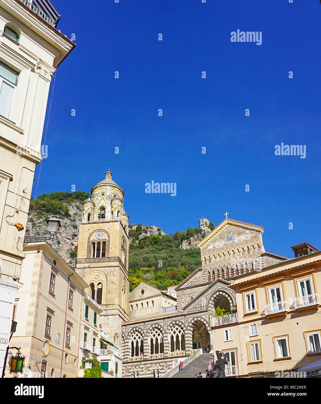 The Amalfi Cathedral dedicated to the Apostle Saint Andrew in the Piazza del Duomo in Amalfi Italy off the coast of Salerno Gulf on the Tyrrhenian Sea Stock Photo