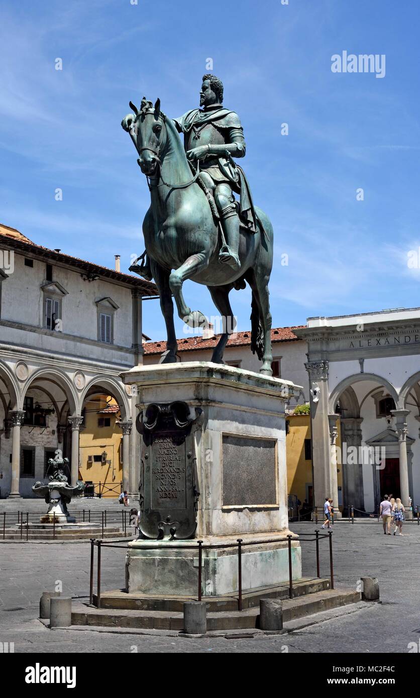 Piazza della Santissima Annunziata, Equestrian statue, of, Ferdinando I de' Medici, Grand Duke of Tuscany, Florence, Tuscany, Italy. Stock Photo